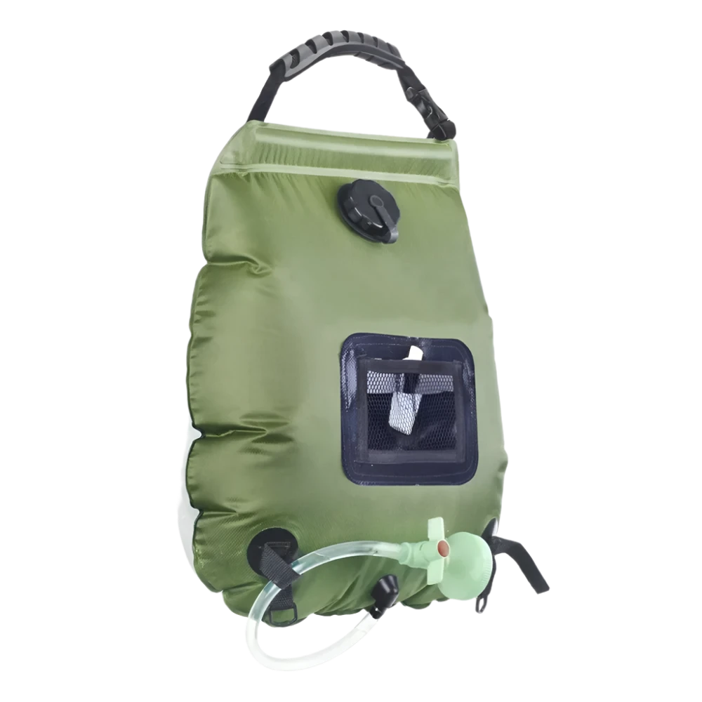 Camping douchezak van 20 liter, gemaakt van sterk PVC, gevuld met water en verwarmd door zonne-energie, perfect voor buitengebruik.