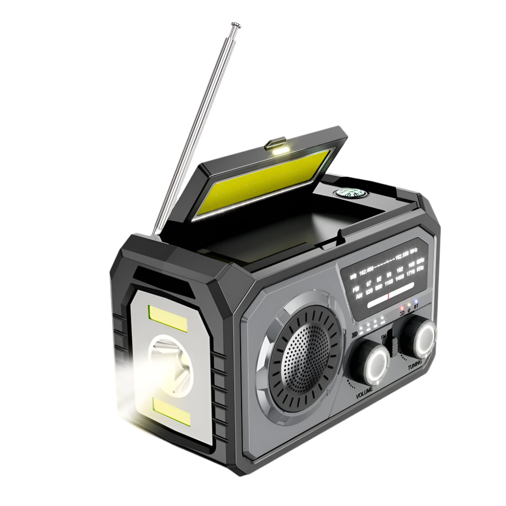 Draagbare weerradio in grijs met 16000mAh batterij, zonnepaneel en LED-zaklamp, perfect voor kamperen en noodsituaties.