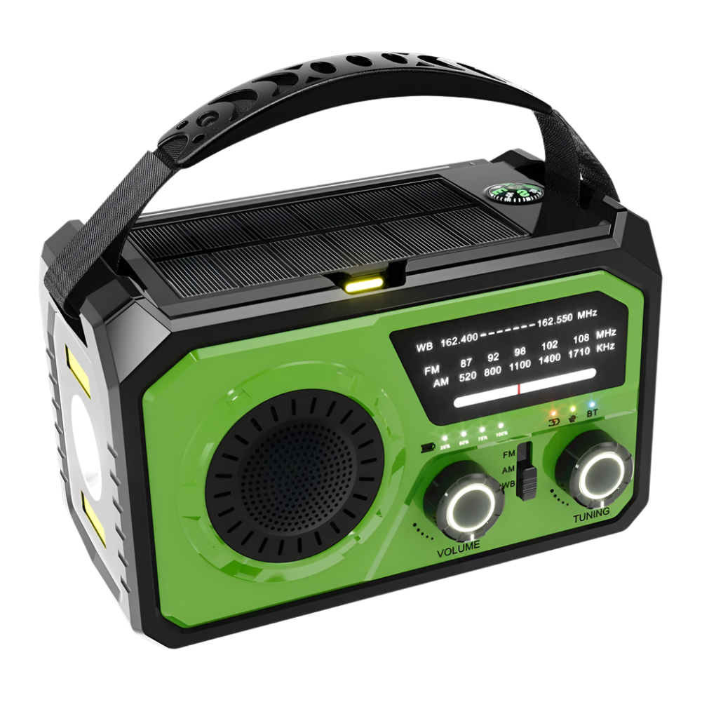 Draagbare weerradio in grijs met 16000mAh batterij, zonnepaneel en LED-zaklamp, perfect voor kamperen en noodsituaties.