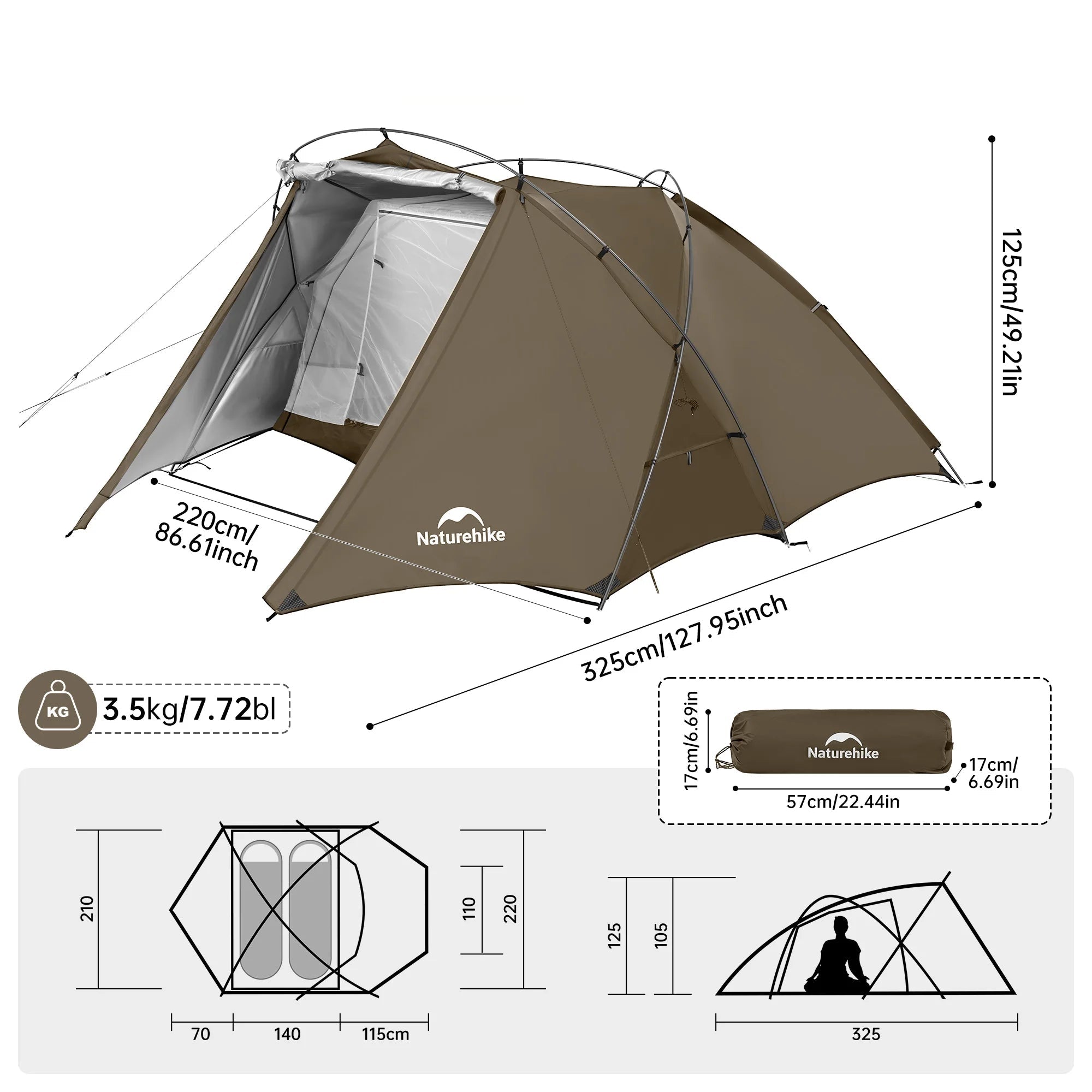Naturehike kampeertent voor 2 personen bruin afmetingen lichtgewicht