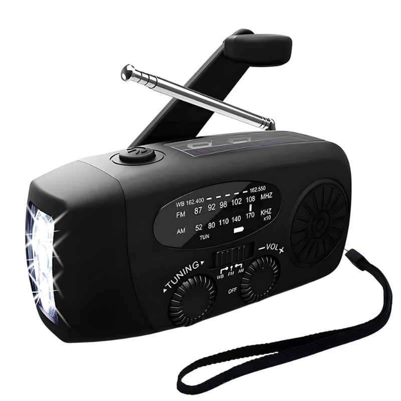 Noodradio rood die opwindbaar is en met een solar zonnepaneel die je telefoon oplaadt