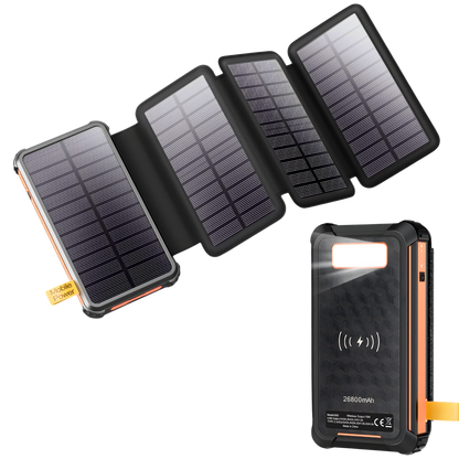 Solar Powerbank 26800 / 32000 mAh – 22.5W Snellader met 4 Opvouwbare Zonnepanelen, 15W Draadloos Opladen & Campinglamp