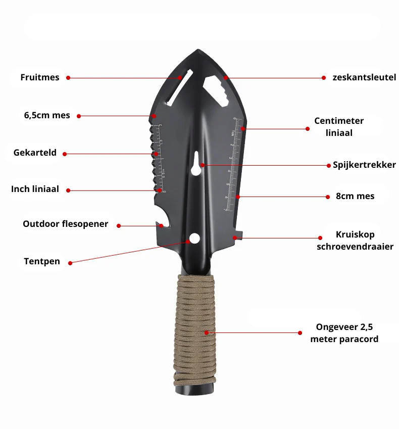 survival schep voor kamperen met spijkertrekker, tentpen, mes, flesopener, liniaal